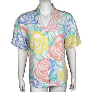Vintage Ashley Morgan Pastel Floral Button Up Shirt Size M Short Sleeve Made USA